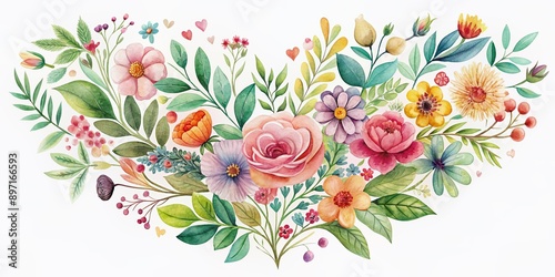 Fototapeta Naklejka Na Ścianę i Meble -  Delicate watercolor illustration of heart shape composed of colorful flowers, leaves, and vines, gentle brushstrokes and soft hues evoke a sense of whimsical romance.