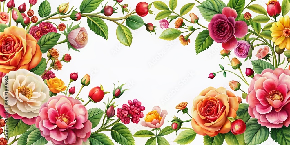 Vibrant floral border with roses and rosehip flowers in a realistic style, surrounding a white copy space, perfect for wedding cards, invitations, and romantic greetings.