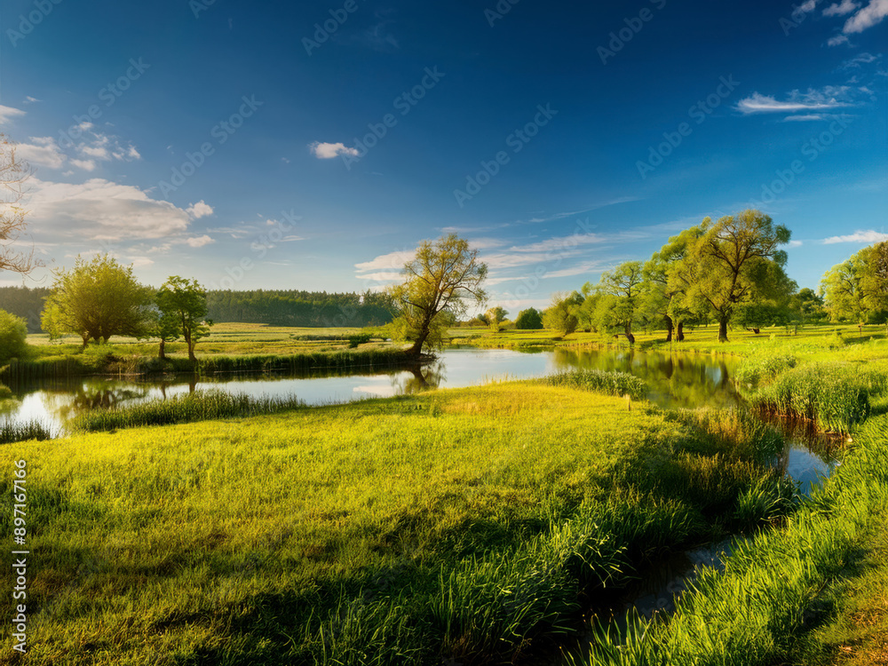 Obraz premium field with green farms and blue sky