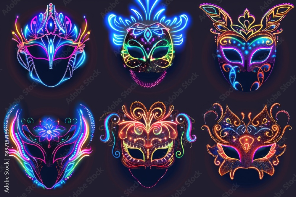 A collection of neon-colored masks against a black backdrop, ideal for use in designs and productions that require bold, eye-catching visuals A collection of neon-colored masks against a black backdrop, ideal for use in designs and productions that require bold, eye-catching visuals