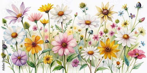 Delicate watercolor wildflowers, including daisies, cosmos, and black-eyed susans, are beautifully isolated on white background, showcasing vibrant colors and gentle brushstrokes.