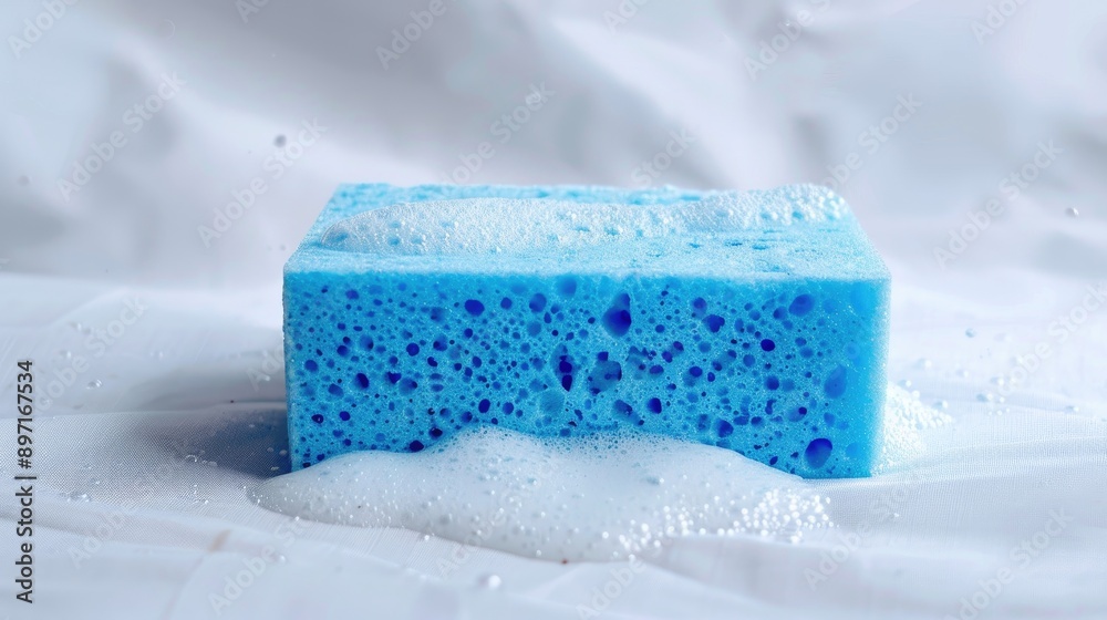 Blue rectangle sponge on white backdrop Blue rectangle sponge on white backdrop
