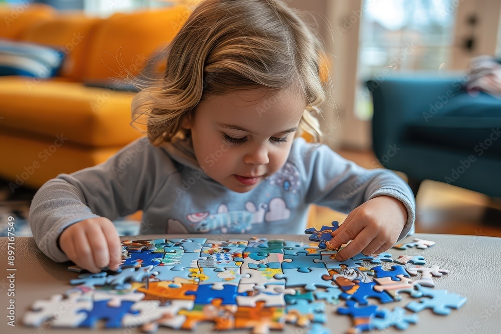 Little Girl Engaged in Educational Puzzle Solving at Home, Homeschooling Fun Learning Activity Little Girl Engaged in Educational Puzzle Solving at Home, Homeschooling Fun Learning Activity