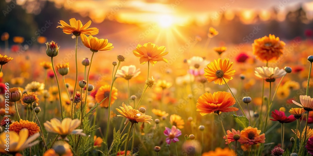 Softly illuminated flower field with vibrant blooms swaying gently in the morning breeze, bathed in warm golden light, evoking serenity and peacefulness. Softly illuminated flower field with vibrant blooms swaying gently in the morning breeze, bathed in warm golden light, evoking serenity and peacefulness.
