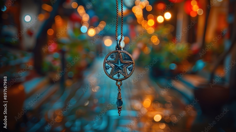 A close-up photograph of a beautifully crafted pendant with a star design hanging on a chain, captured with a blurred colorful bokeh background of a vibrant and festive street setting A close-up photograph of a beautifully crafted pendant with a star design hanging on a chain, captured with a blurred colorful bokeh background of a vibrant and festive street setting