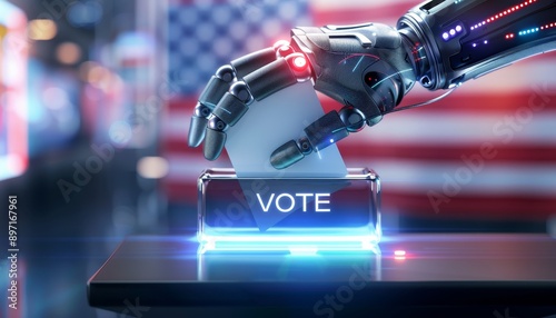 Robot Hand Casting Ballot in Futuristic Voting Box photo