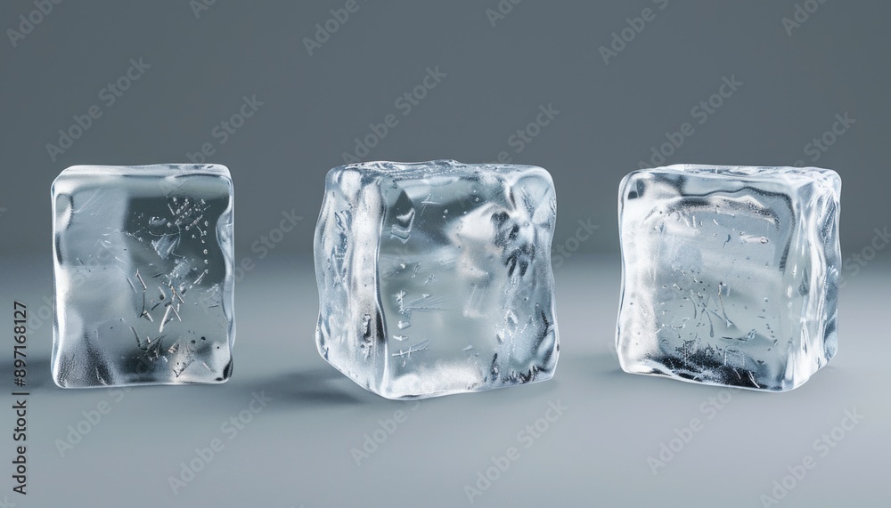 Three Clear Ice Cubes on a Gray Background Three Clear Ice Cubes on a Gray Background