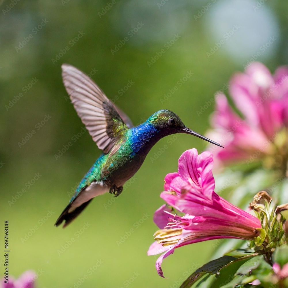 Hummingbird Violet Sabrewing flying next to beautiful pink flower Hummingbird Violet Sabrewing flying next to beautiful pink flower