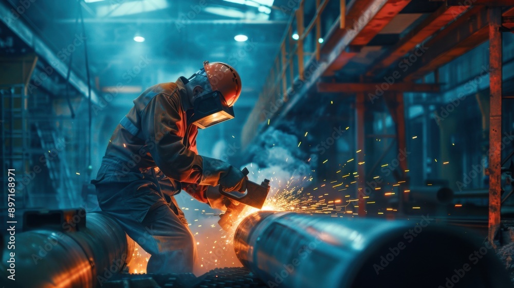 A man in a protective suit is working on a pipe in a factory A man in a protective suit is working on a pipe in a factory