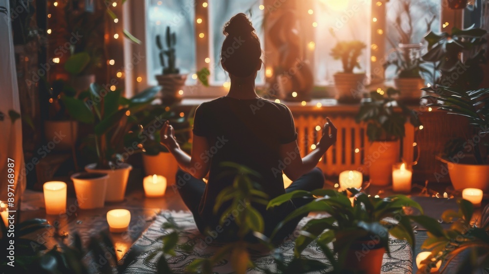 Naklejka premium A woman is sitting on a rug in a room with candles and plants