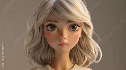 A cartoon girl with blonde hair and blue eyes