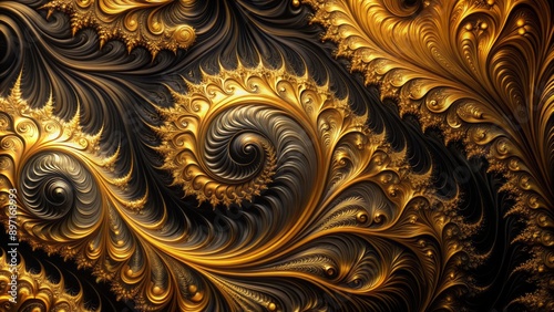 Luxurious abstract seamless black gold texture featuring intricate swirling patterns in mesmerizing fractal art for creative design backgrounds.