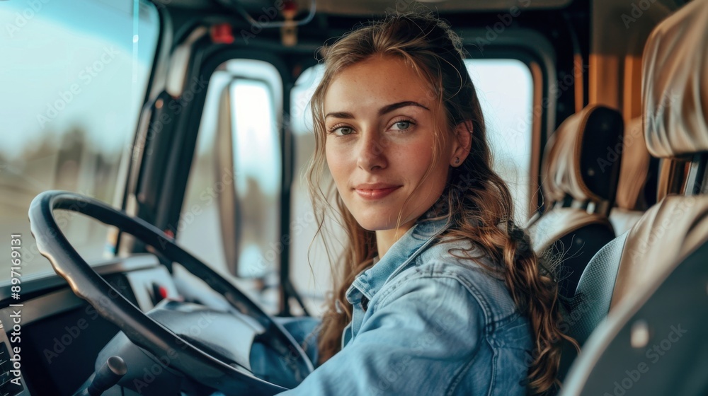 A woman is driving a truck and smiling A woman is driving a truck and smiling