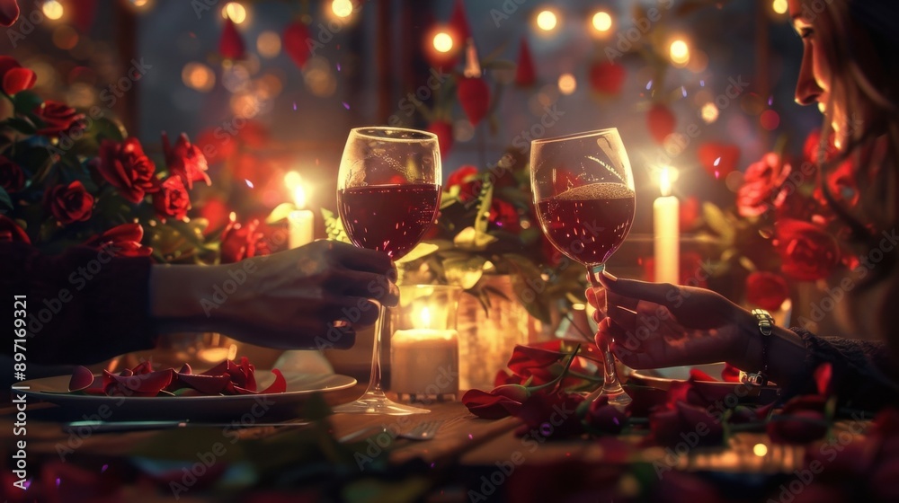 A couple is toasting to their love with two glasses of wine A couple is toasting to their love with two glasses of wine