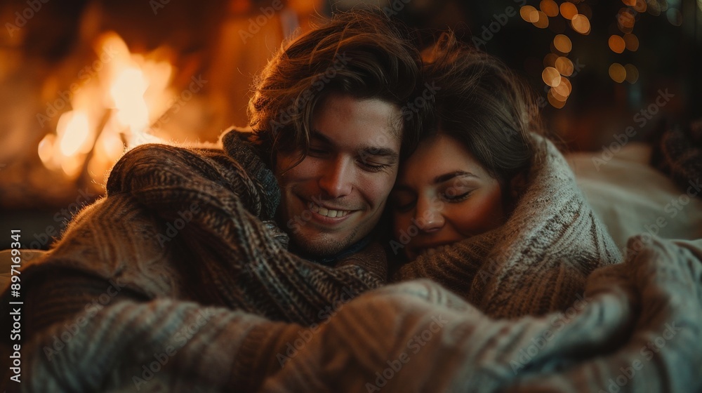A couple cuddling under a warm blanket by the fireplace, intimate moment A couple cuddling under a warm blanket by the fireplace, intimate moment