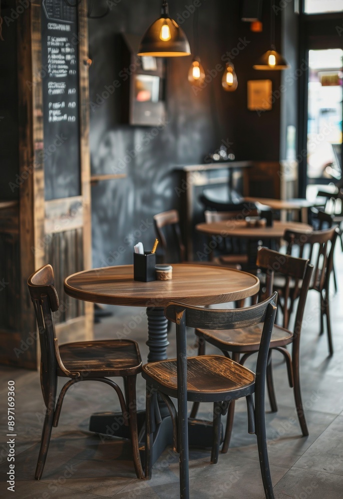 Coffee shop interior with wooden tables and chairs, vintage style Coffee shop interior with wooden tables and chairs, vintage style