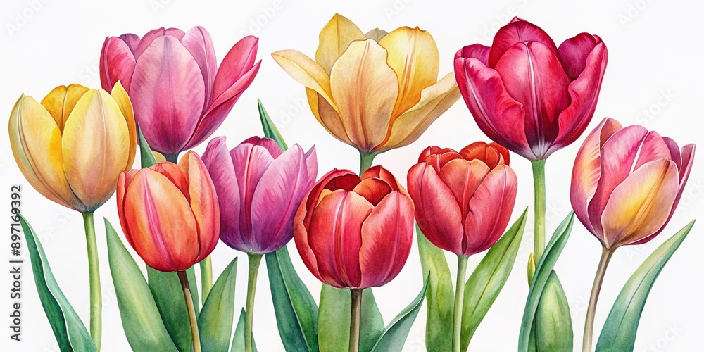 Vibrant pink, red, and yellow tulip flowers in a beautiful watercolor set, isolated on a white background, perfect for card, wall art, or design elements. Vibrant pink, red, and yellow tulip flowers in a beautiful watercolor set, isolated on a white background, perfect for card, wall art, or design elements.