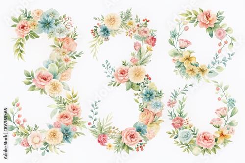 Delicate pastel floral numbers from zero to nine, hand-painted in soft watercolor hues, gently scattered on a transparent background, perfect for whimsical designs.