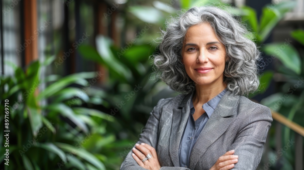 Confident professional woman with curly gray hair wearing a gray suit, standing with arms crossed in a modern indoor setting with lush green plants in the background