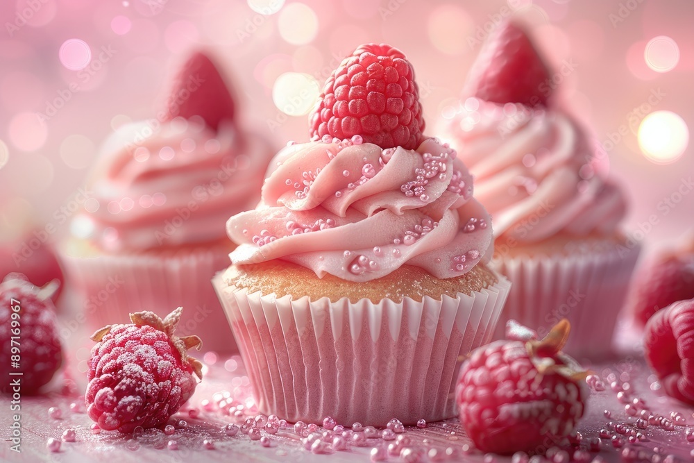 A pink cupcake topped with a raspberry and sprinkles rests on a pink surface surrounded by other raspberries A pink cupcake topped with a raspberry and sprinkles rests on a pink surface surrounded by other raspberries