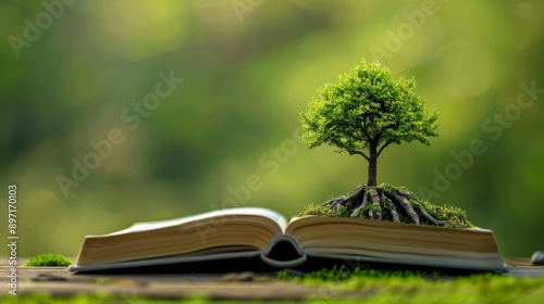 Open book with a growing tree on top, representing knowledge and growth, nature and education concept