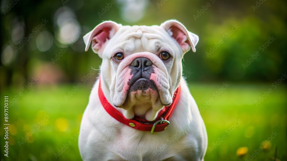 Adorable furious fluffy white bulldog with red collar and furious expression standing on green grass with blurry background atmosphere.