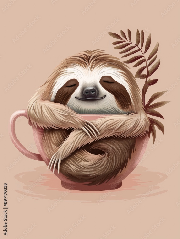 Naklejka premium Cute sloth in cup with pink leaves