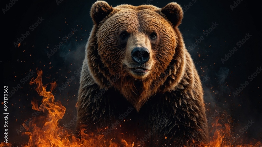 Grizzly Bear Fantasy Horizontal Poster with Ashes, Embers, and Flames on a Black Background Behold a Fiery Fantasy Wild Animal Collection, a Poignant Symbol of Climate Change, Global Warming. Grizzly Bear Fantasy Horizontal Poster with Ashes, Embers, and Flames on a Black Background Behold a Fiery Fantasy Wild Animal Collection, a Poignant Symbol of Climate Change, Global Warming.