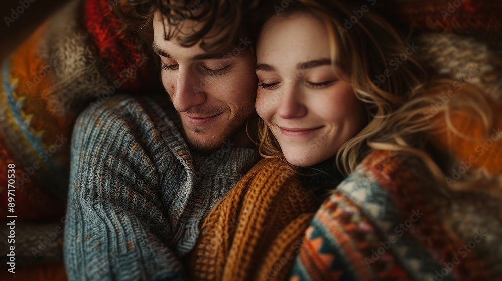 A couple embracing under a cozy blanket A couple embracing under a cozy blanket