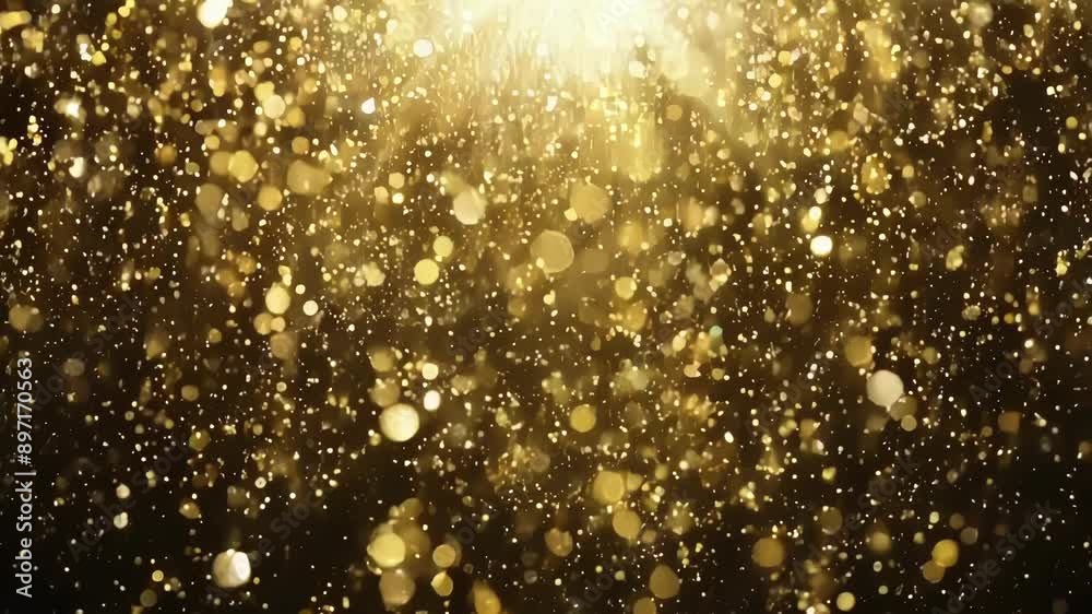Vibrant bursts of gold and silver sparkles cascading down against a dark backdrop.