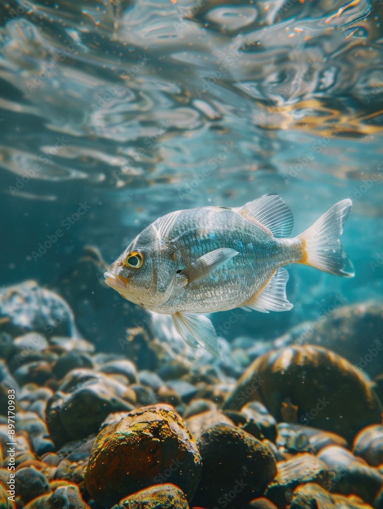 This image captures the beauty of underwater marine life. It features a small freshwater fish swimming among rocks in clear water, showcasing its natural habitat. This image captures the beauty of underwater marine life. It features a small freshwater fish swimming among rocks in clear water, showcasing its natural habitat.