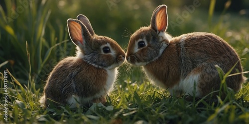 Cute mother and baby bunny rabbits in the grass. photo