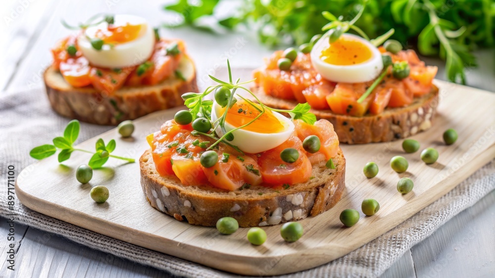 Fresh salmon tartare garnished with quail egg and microgreens on toasted bread, elegantly presented on a crisp white tablecloth. Fresh salmon tartare garnished with quail egg and microgreens on toasted bread, elegantly presented on a crisp white tablecloth.