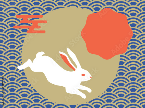 Mid autumn festival design with rabbits flying and lantern on blue background. Vector illustration. 