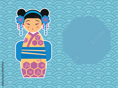 Vector illustration Japanese kokeshi doll on traditional Japanese wave background.