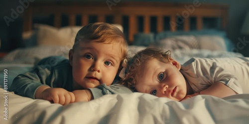 Two young children lying down on a bed with pillows and blankets