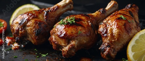 Grilled spicy Jerk Chicken drumsticks and thighs. photo