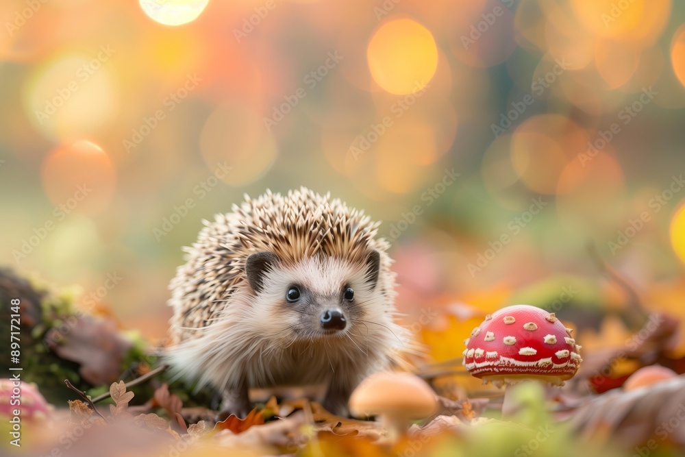 cute hedgehog in an autumn forest, mushrooms, muted fall colors cute hedgehog in an autumn forest, mushrooms, muted fall colors