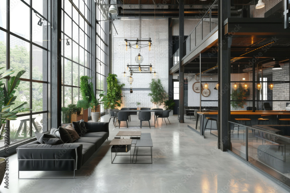 Business, office and empty with furniture, window and minimal for workspace of coworking, table or startup. Workplace, desk and architecture of building, property and chair of interior design in room Business, office and empty with furniture, window and minimal for workspace of coworking, table or startup. Workplace, desk and architecture of building, property and chair of interior design in room