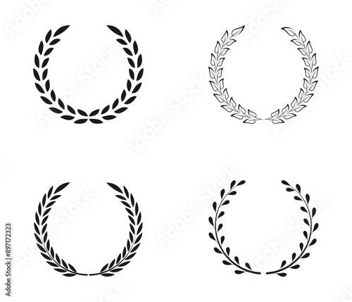 Laurel wreath icon set. Сollection of black circular foliate laurels branches. Vintage laurel wreaths. Black silhouette circular laurel foliate, wheat and oak wreaths depicting an award, achievement.