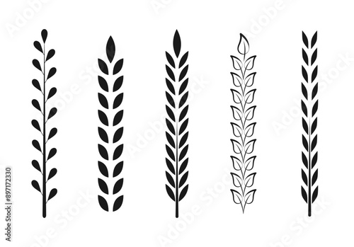 Laurel leaf icon set. Сollection of black foliate laurels branches. Vintage laurel wreaths. Black silhouette laurel foliate, wheat and oak wreaths depicting an award, achievement, petal decor element
