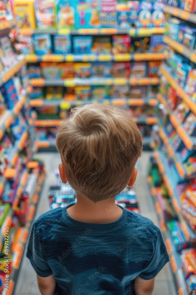 Obraz premium Young boy surrounded by toys. Aisle filled with assorted games and gifts.