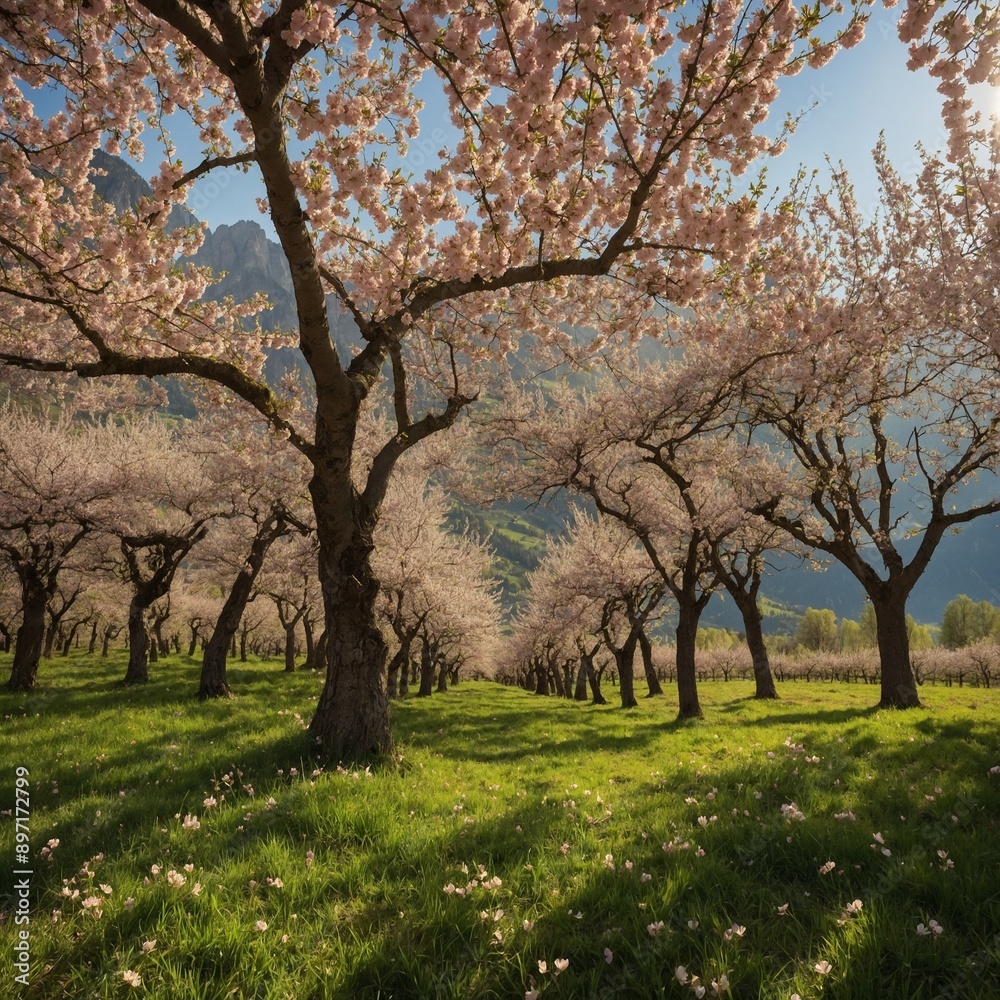Amidst sun-kissed grove, cherry blossom trees flourish, their sturdy trunks leading to delicate canopy of pink petals. Dappled shadows dance on vibrant green grass. Amidst sun-kissed grove, cherry blossom trees flourish, their sturdy trunks leading to delicate canopy of pink petals. Dappled shadows dance on vibrant green grass.