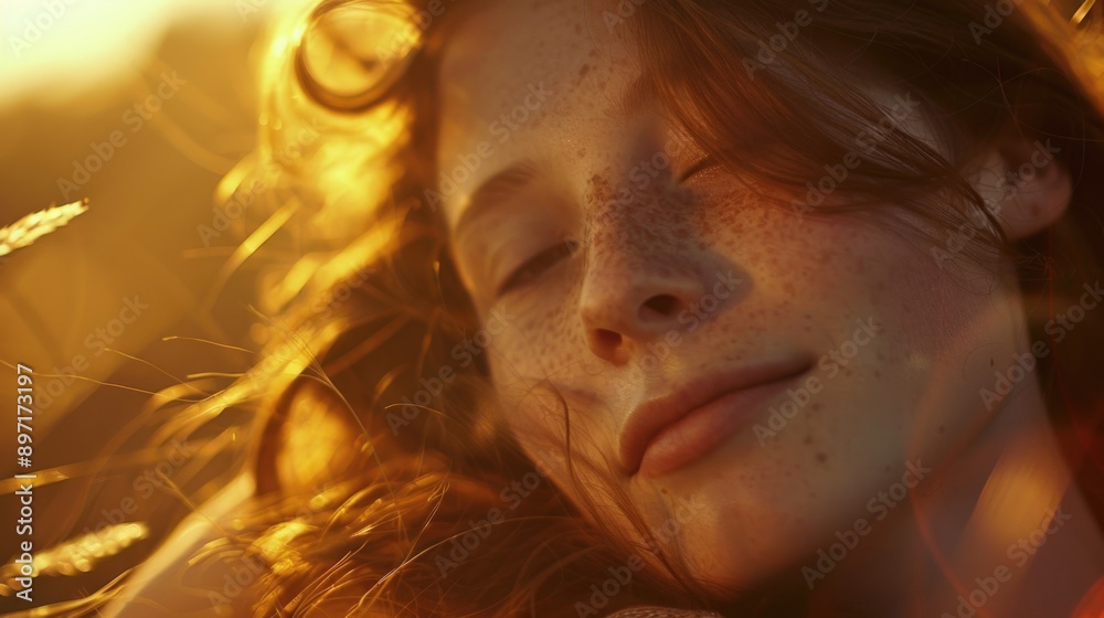 A young woman with freckles in a relaxed pose, possibly sleeping during a beautiful sunset. Her hair flows in the breeze creating an idyllic and peaceful moment. A young woman with freckles in a relaxed pose, possibly sleeping during a beautiful sunset. Her hair flows in the breeze creating an idyllic and peaceful moment.