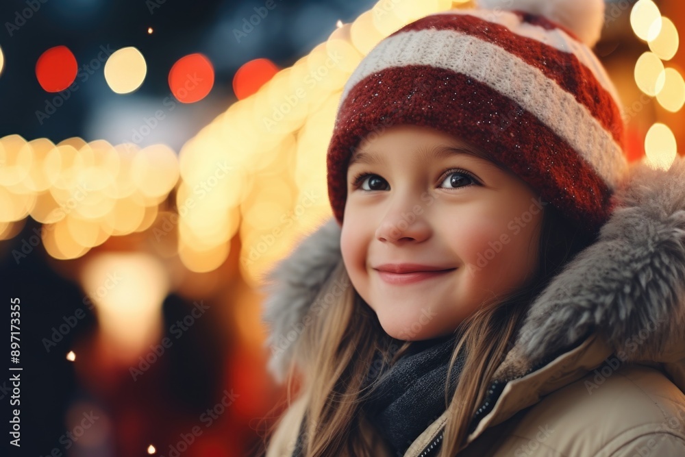 Little girl with red and white Santa hat, smiling in front of brightly lit Christmas decorations.