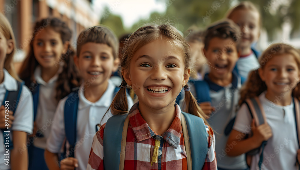 Happy small school kids excited to return to school meet classmates friends, back to school concept Happy small school kids excited to return to school meet classmates friends, back to school concept