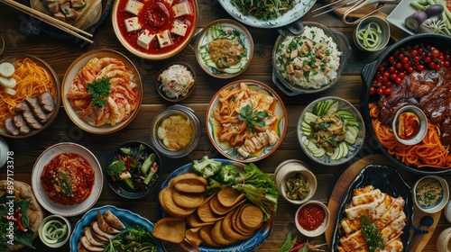 Wallpaper Mural Vibrant assortment of Asian foods, including seafood and vegetables, with an array of sauces for dipping. A feast for the senses. Torontodigital.ca