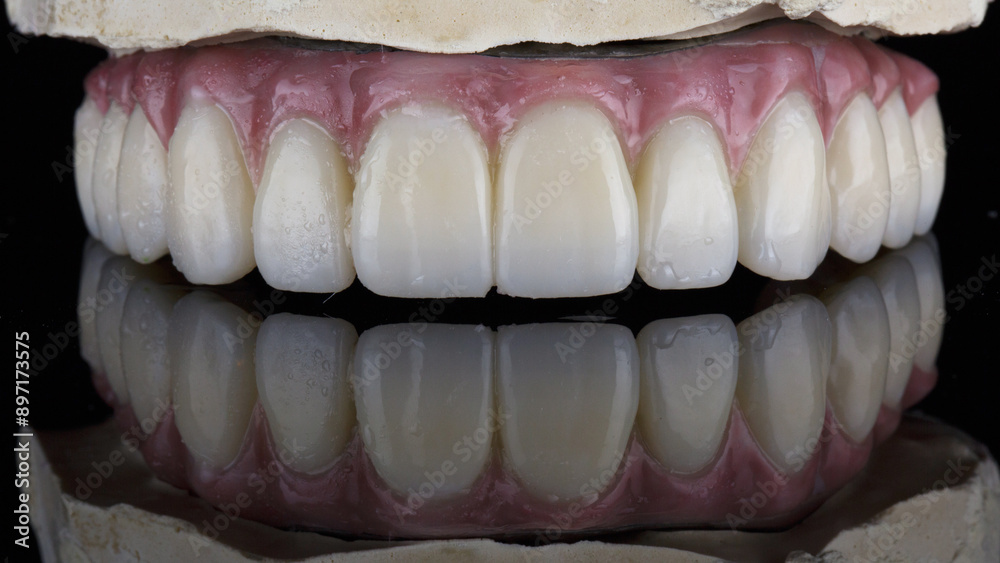 excellent zircon denture with gum on a model with a reflection on glass excellent zircon denture with gum on a model with a reflection on glass