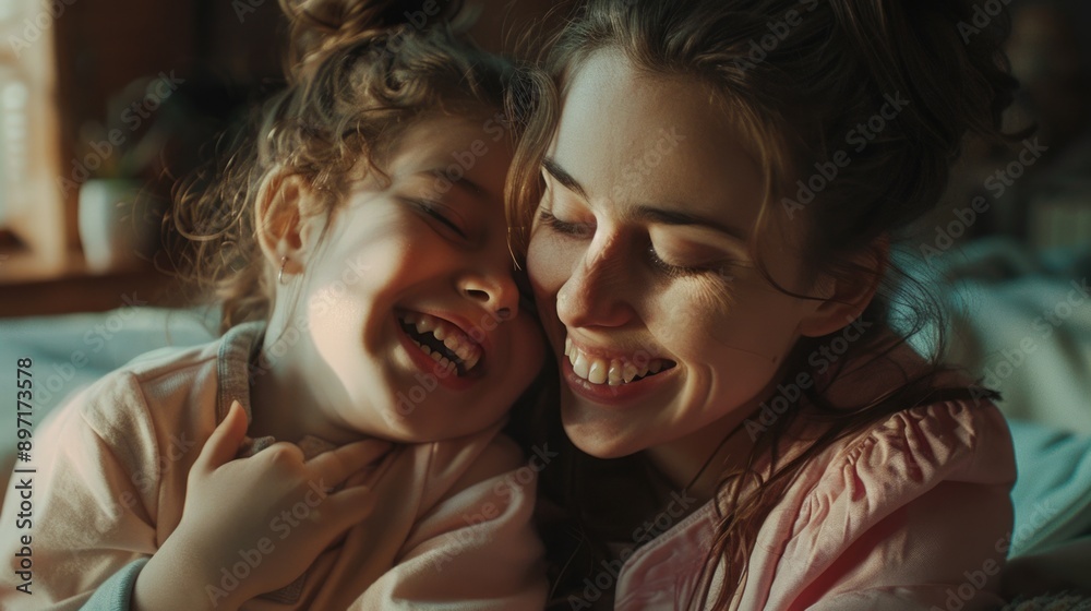 A heartwarming moment of a mother and daughter sharing laughter and affection, indoors. A heartwarming moment of a mother and daughter sharing laughter and affection, indoors.