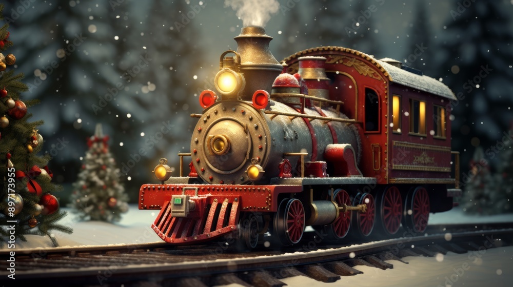 Whimsical train in holiday postcard style, christmas and new year greetings concept Whimsical train in holiday postcard style, christmas and new year greetings concept